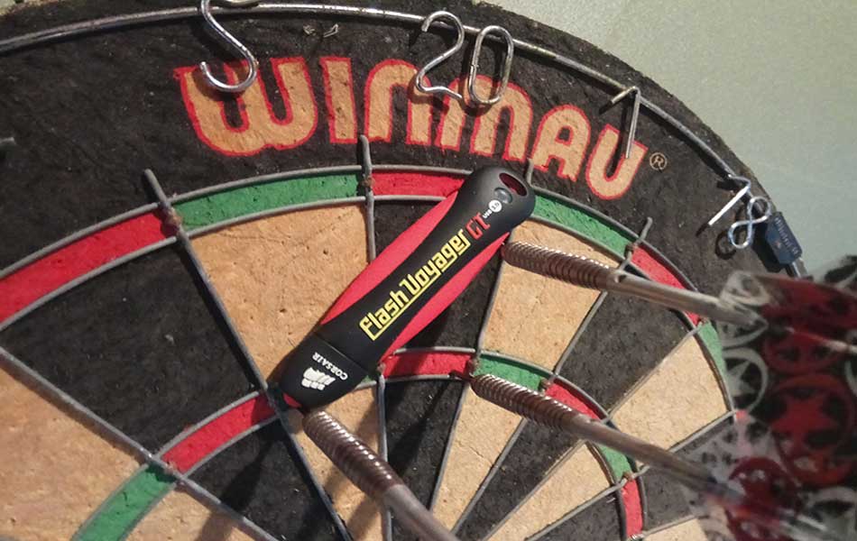 Flash drive resting on a dartboard