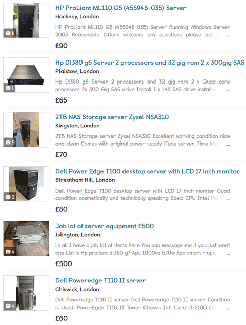 Results of a Gumtree search for used local servers