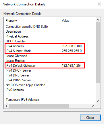 Network connection details