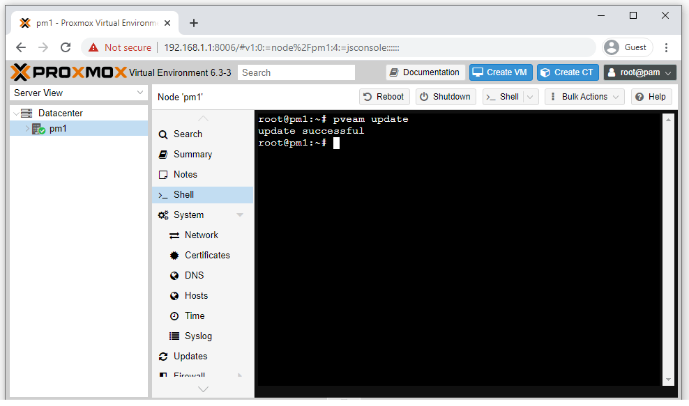 Running "pveam update" command in Proxmox
