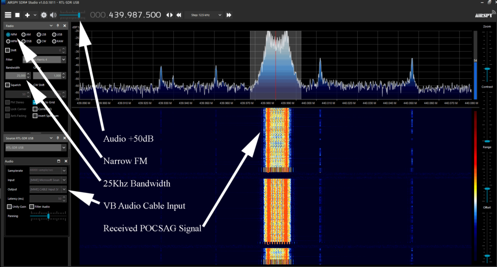 SDR Sharp receiving POCSAG pager signals using an RTL-SDR v3 device
