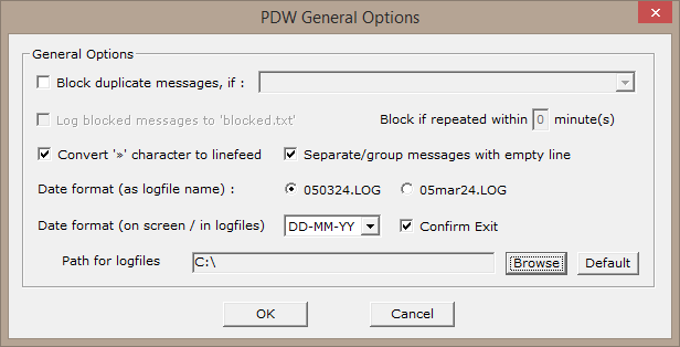 Log file options within the PDW software