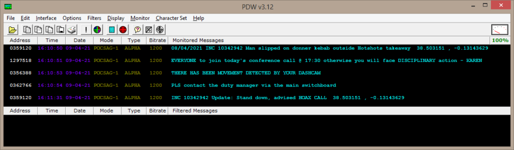 Decoded pager messages being displayed in PDW