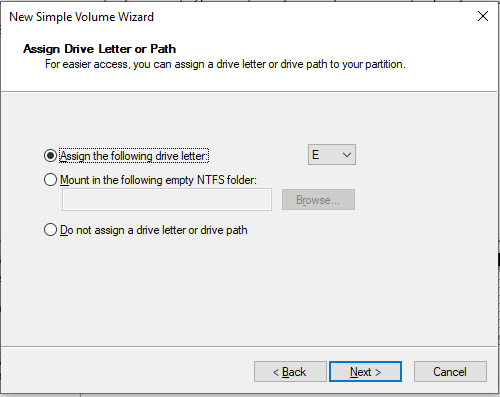 Choosing a drive letter for the new volume