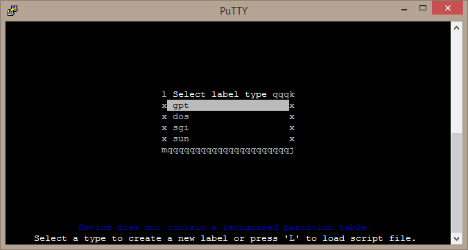 Creating a new GPT partition table in cfdisk