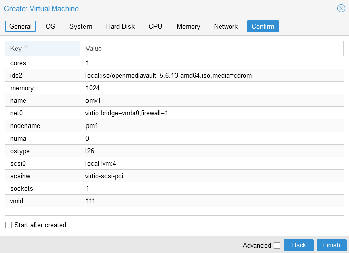 Proxmox settings for OMV installation