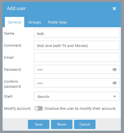 Creating user "bob" in OMV