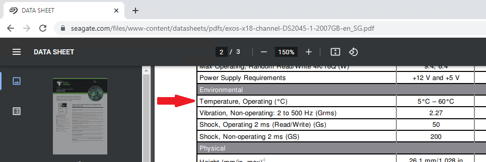 The datasheet showing the hard drive's supported operating temperature range