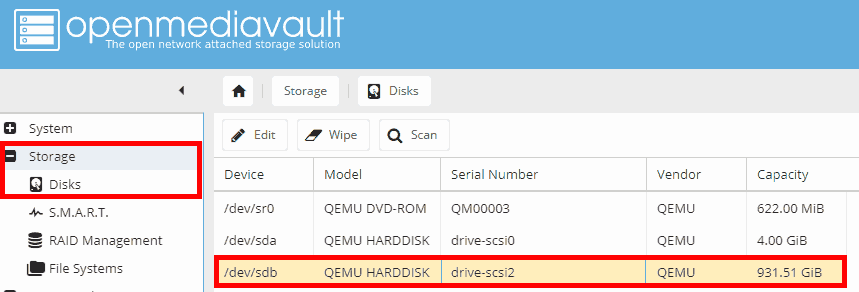 The passed-through data disk is showing correctly within OMV