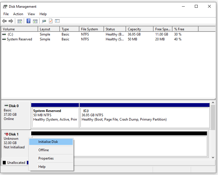 Selecting Initialize Disk from within Disk Management