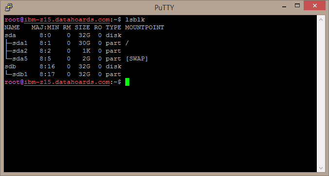 Running lsblk after partitioning our new hard disk drive in cfdisk