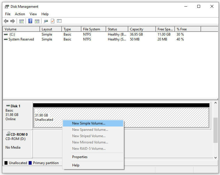 Creating a New Simple Volume within Disk Management