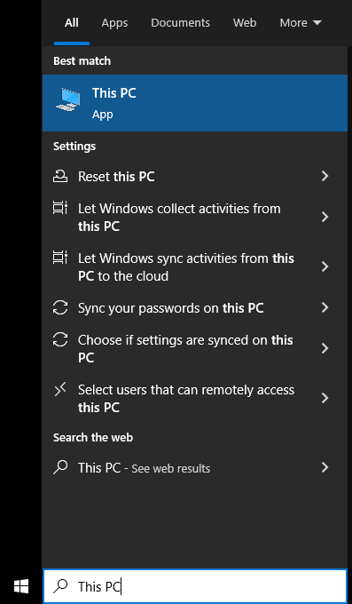 Searching for This PC from the start menu