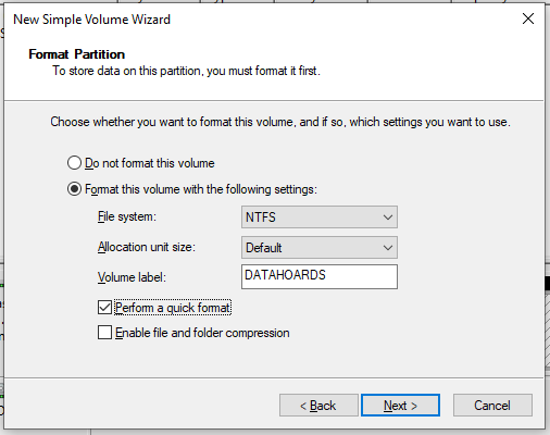 Formatting the new volume as NTFS and giving it a name