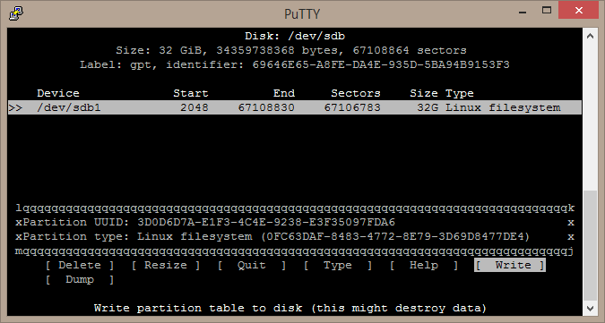 Writing our partition changes to the disk in cfdisk