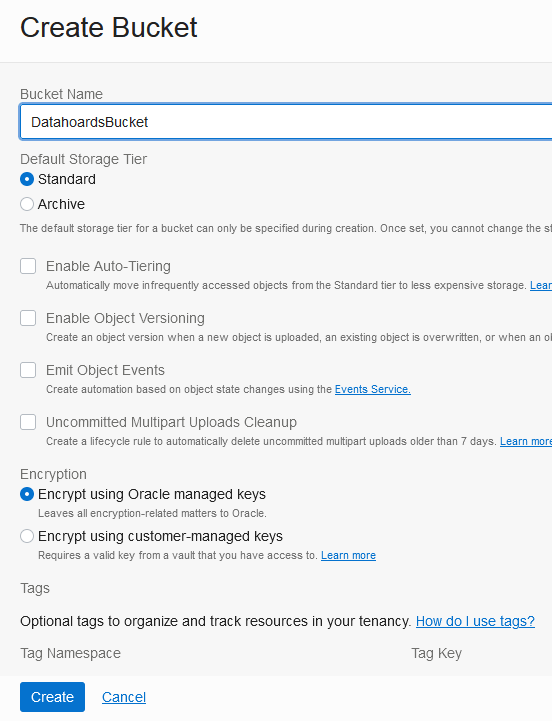 Creating a new Oracle Cloud Storage Bucket