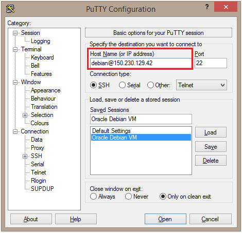 PuTTY ready to connect to OCI Instance