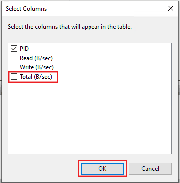 Selecting the "Total" column