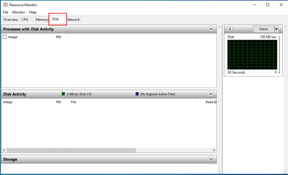 Clicking the "Disk" tab in Resource Monitor