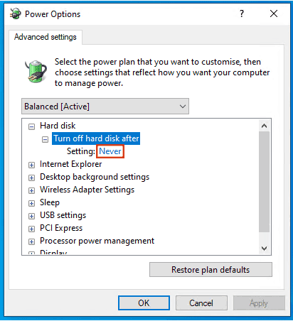 "Turn off hard disk after", was set to "Never"