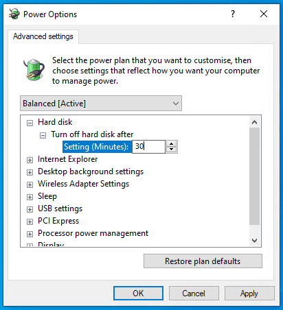 Turning off the hard disk after 30 minutes