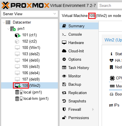 Checking the ID of the new VM