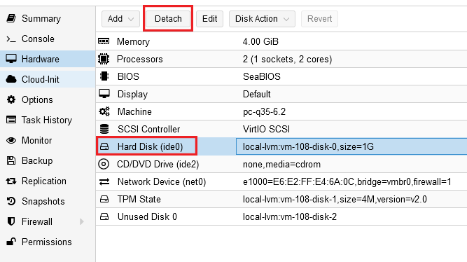 Detach the old "placeholder" disk that was created with the VM