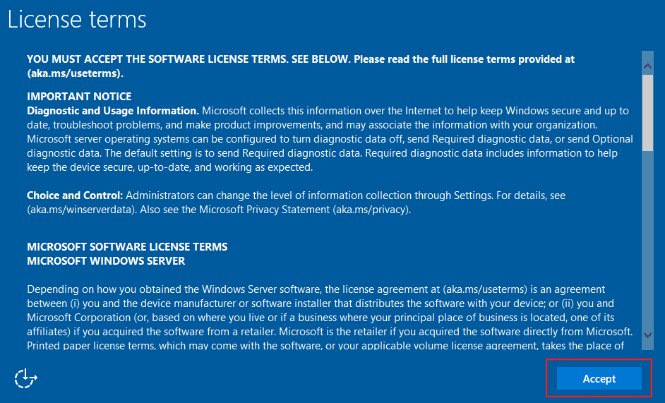 Accept or decline Microsoft's license terms