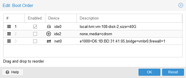 Change the boot order so that only the Server 2022 disk (ide0) is enabled