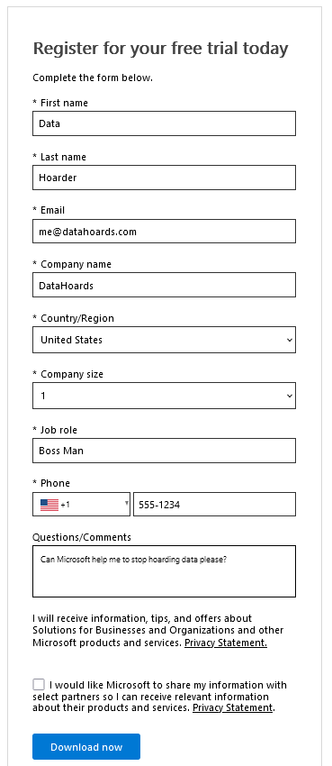 Registering to download the Windows Server 2022 trial