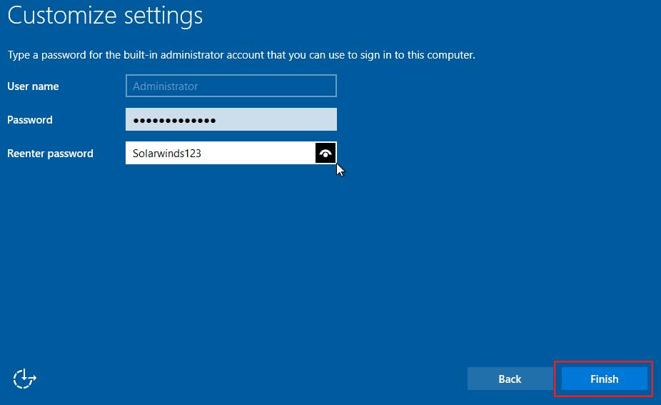 Choosing an administrator password for Server 2022