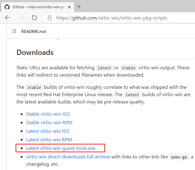 Click the link to the VirtIO Guest Tools