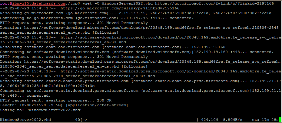 Downloading the Server 2022 VHD to the Proxmox host