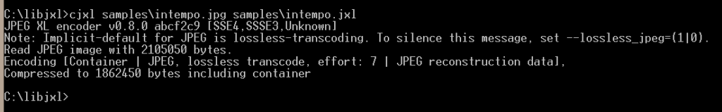 Using cjxl to convert/transcode a file named intemp.jpg to intempo.jxl
