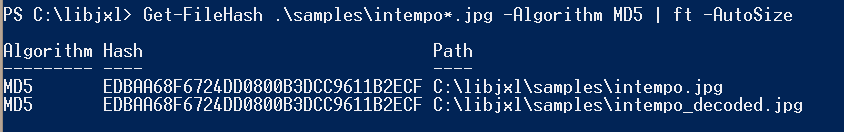 Using PowerShell to generate MD5 hashes of the original image and the new JXL
